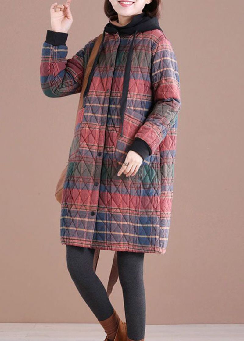 Chic Rouge À Capuche Plaid Cordon Coton Parkas Hiver - Doudounes femmes