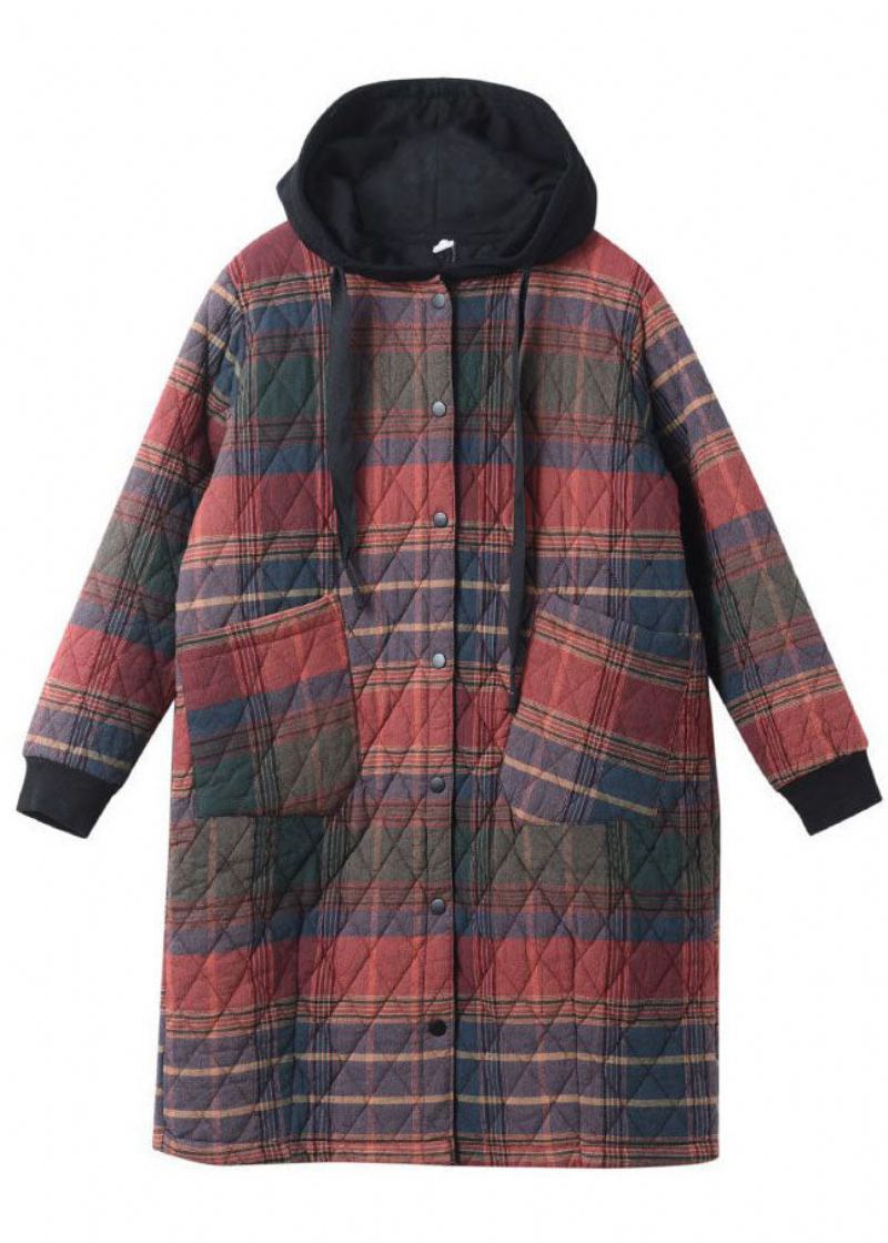 Chic Rouge À Capuche Plaid Cordon Coton Parkas Hiver - Doudounes femmes