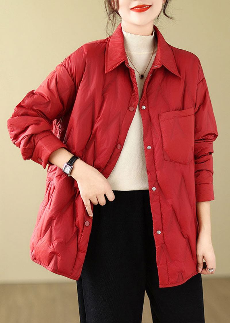 Chic Rouge Col Claudine Poches Bouton Parkas Hiver