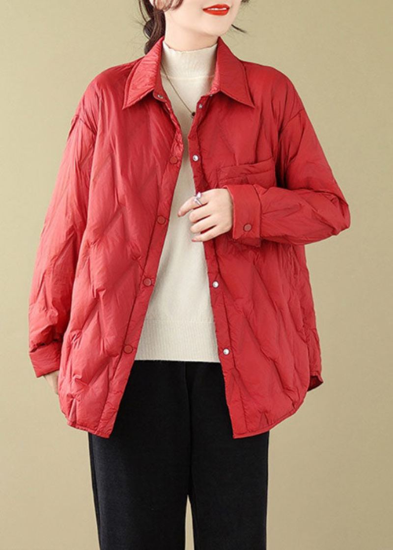 Chic Rouge Col Claudine Poches Bouton Parkas Hiver - Rouge