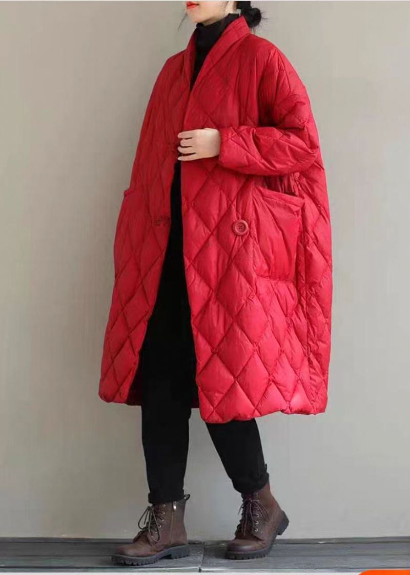 Chic Rouge Col Montant Solide Grandes Poches Fine Coton Rempli Vestes Bouffantes Hiver - Doudounes femmes