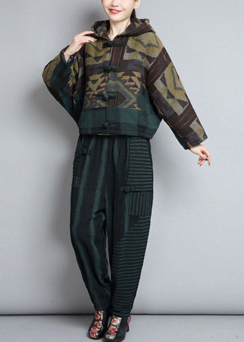 Chic Vert À Capuche Patchwork Bouton Oriental Fine Coton Rempli Vestes Hiver - Doudounes femmes