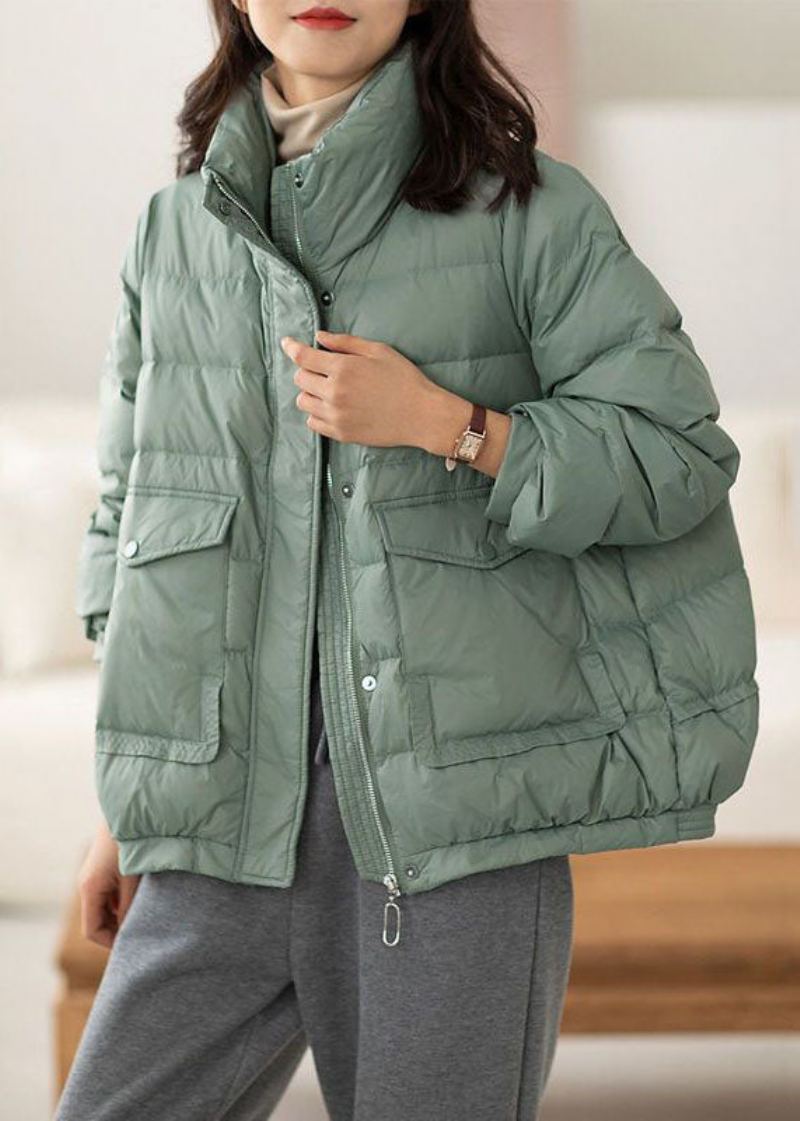 Chic Vert Clair Col Montant Poches Zippées Duvet De Canard Doudoune Hiver - Doudounes femmes