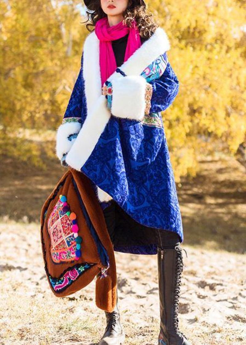 Col Ample En Fausse Fourrure Tenue De Broderie Fine Robes Bleues Vêtements D'extérieur - Doudounes femmes