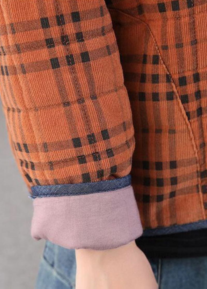 Diy Manteau D'hiver En Velours Côtelé À Carreaux Orange - Orange