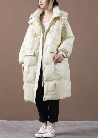 Doudoune Beige Pour Femme Ample Coupe Poches À Capuche Fermeture Éclair Vêtements D'extérieur Fins Collection Hiver 2024