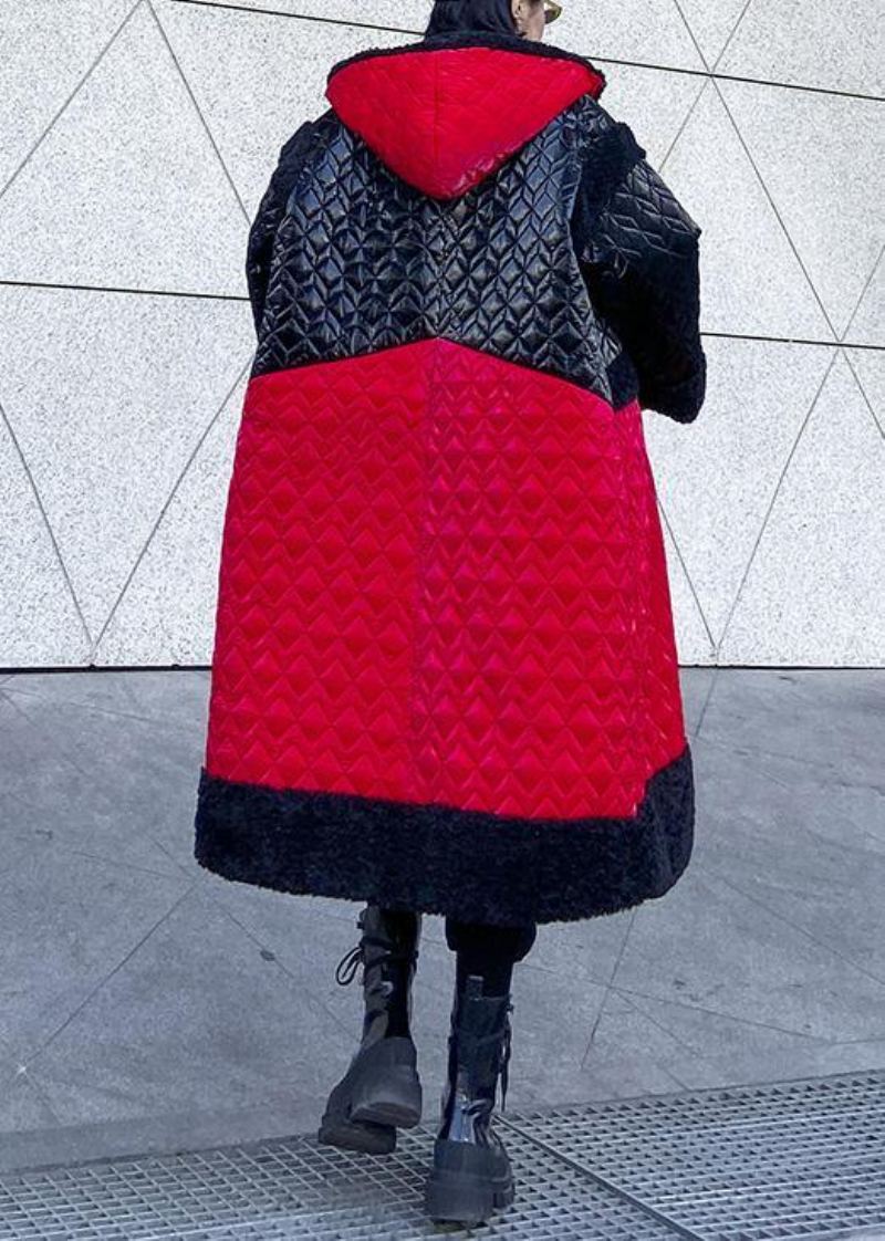 Doudoune Chaude Grande Taille Manteaux À Capuche Rouge Patchwork Tenue Décontractée - Doudounes femmes