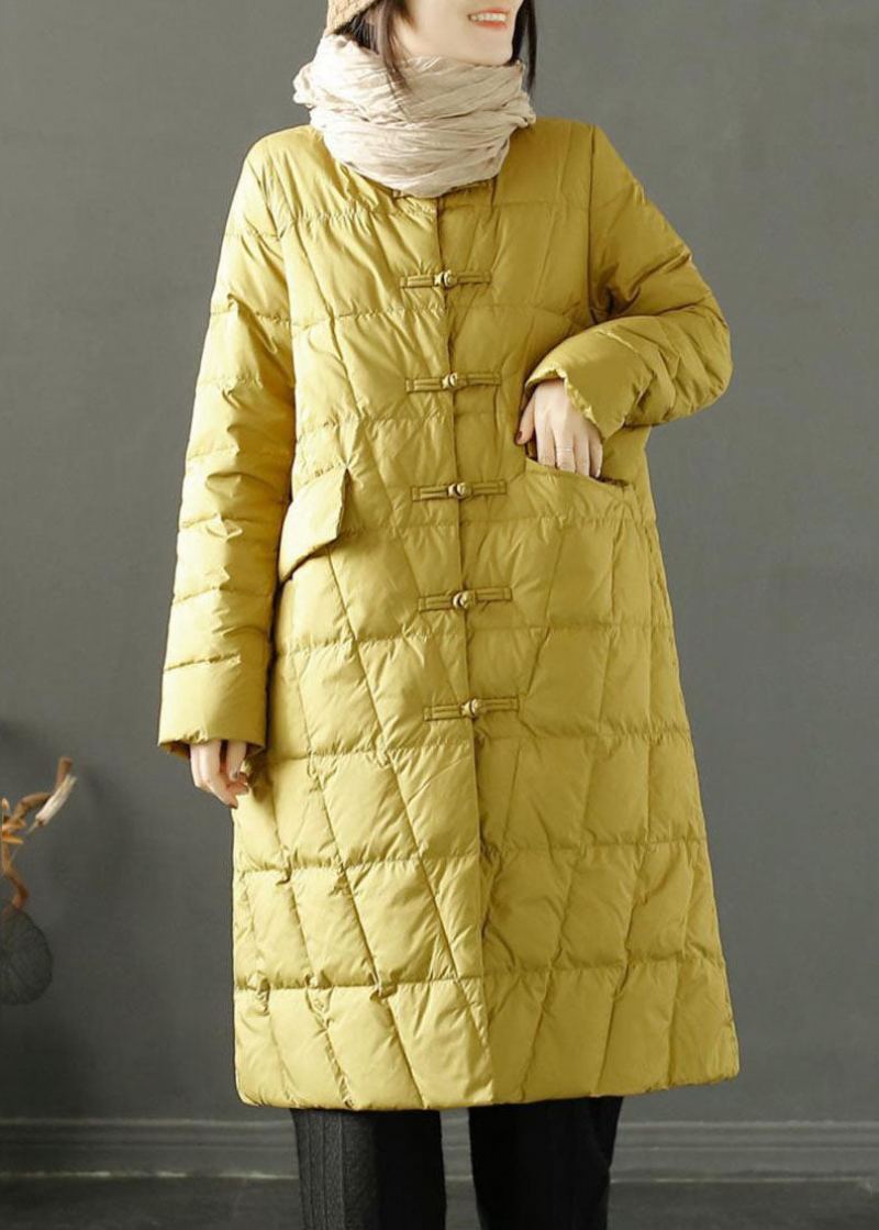 Doudoune En Duvet De Canard Jaune Col Montant Bouton Oriental Hiver - Doudounes femmes