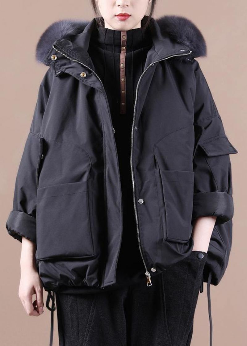 Doudoune Fine Grande Taille Pardessus Noir À Capuche Col Fourrure Manteau En Duvet D'oie - Noir