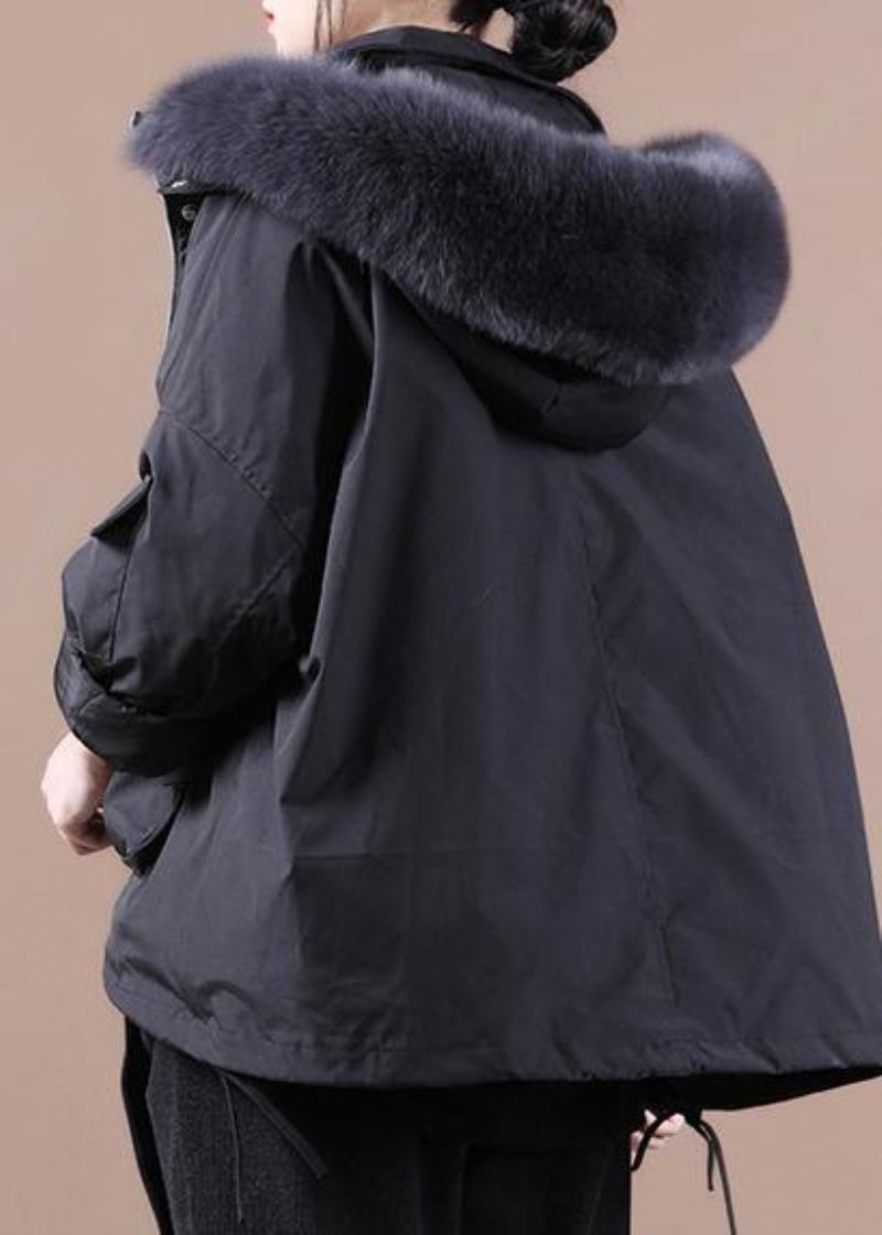 Doudoune Fine Grande Taille Pardessus Noir À Capuche Col Fourrure Manteau En Duvet D'oie - Noir