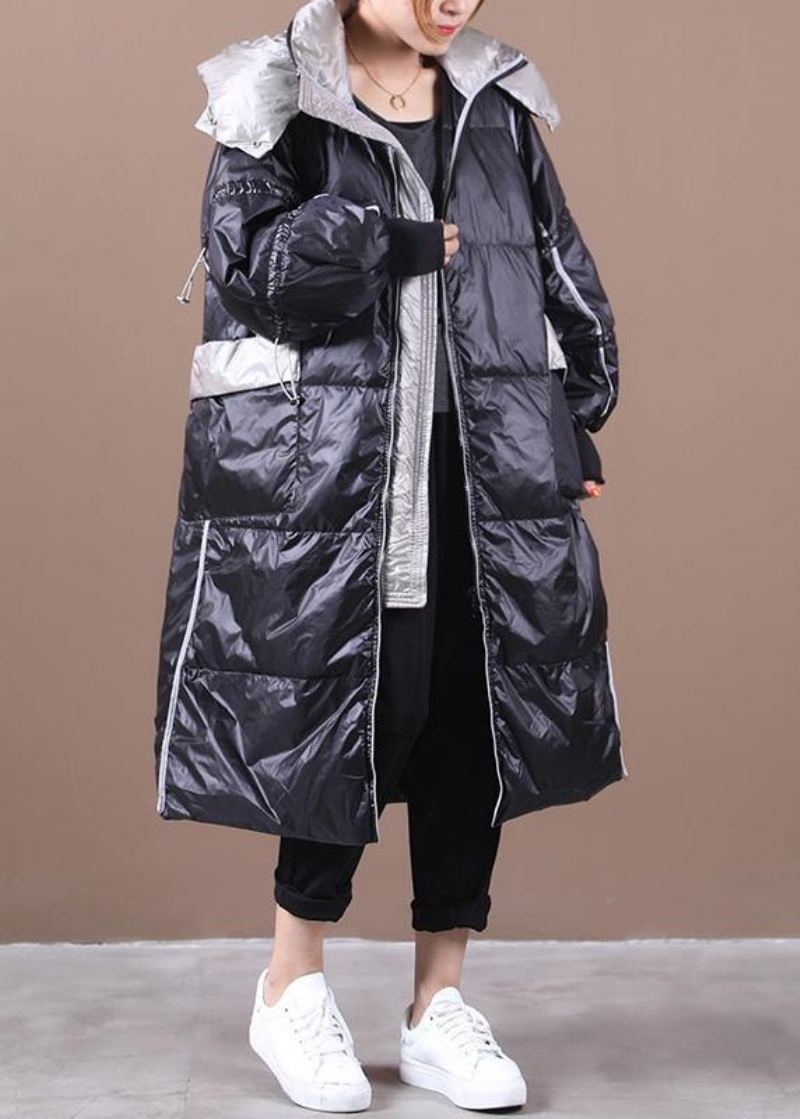 Doudoune Noire Élégante Pour Femme Grande Taille À Capuche Patchwork Vêtements D'extérieur De Luxe Hiver - Doudounes femmes