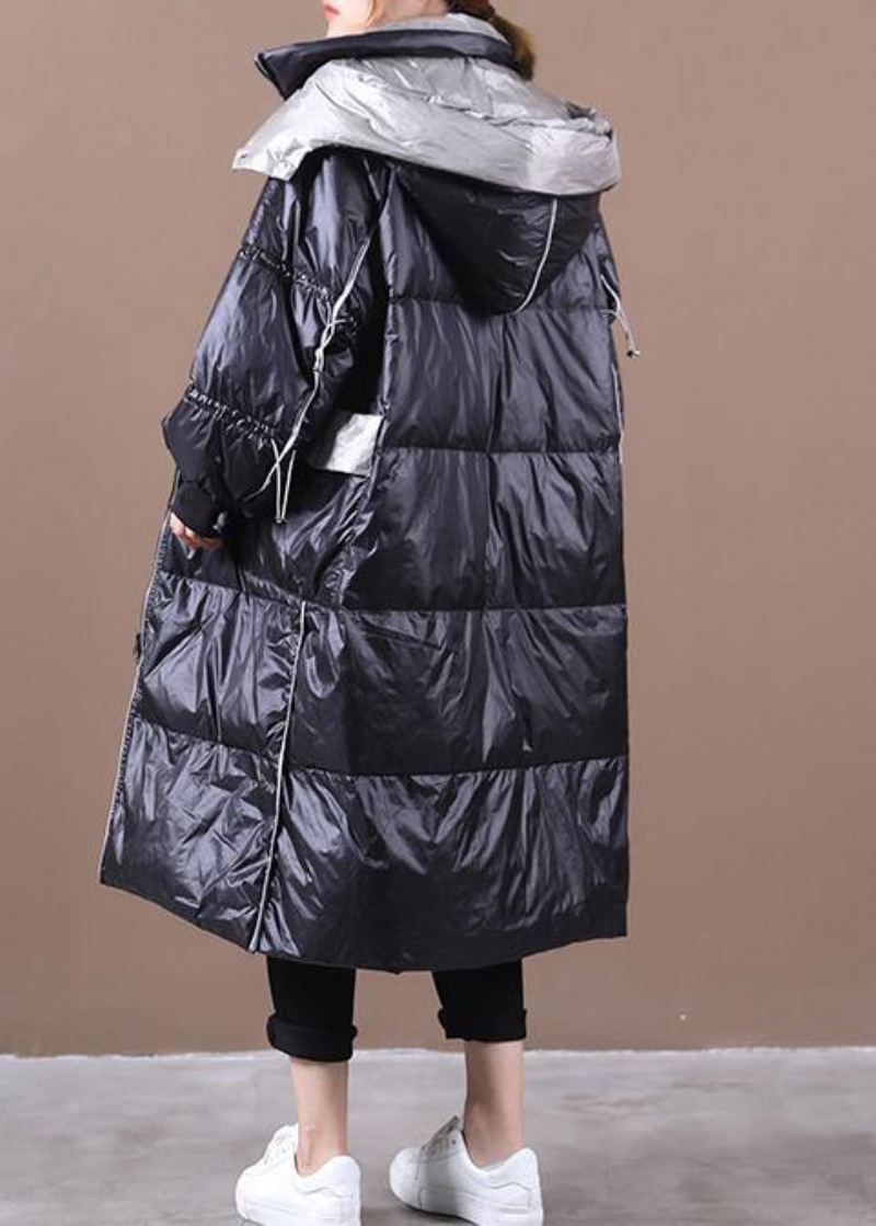 Doudoune Noire Élégante Pour Femme Grande Taille À Capuche Patchwork Vêtements D'extérieur De Luxe Hiver - Doudounes femmes