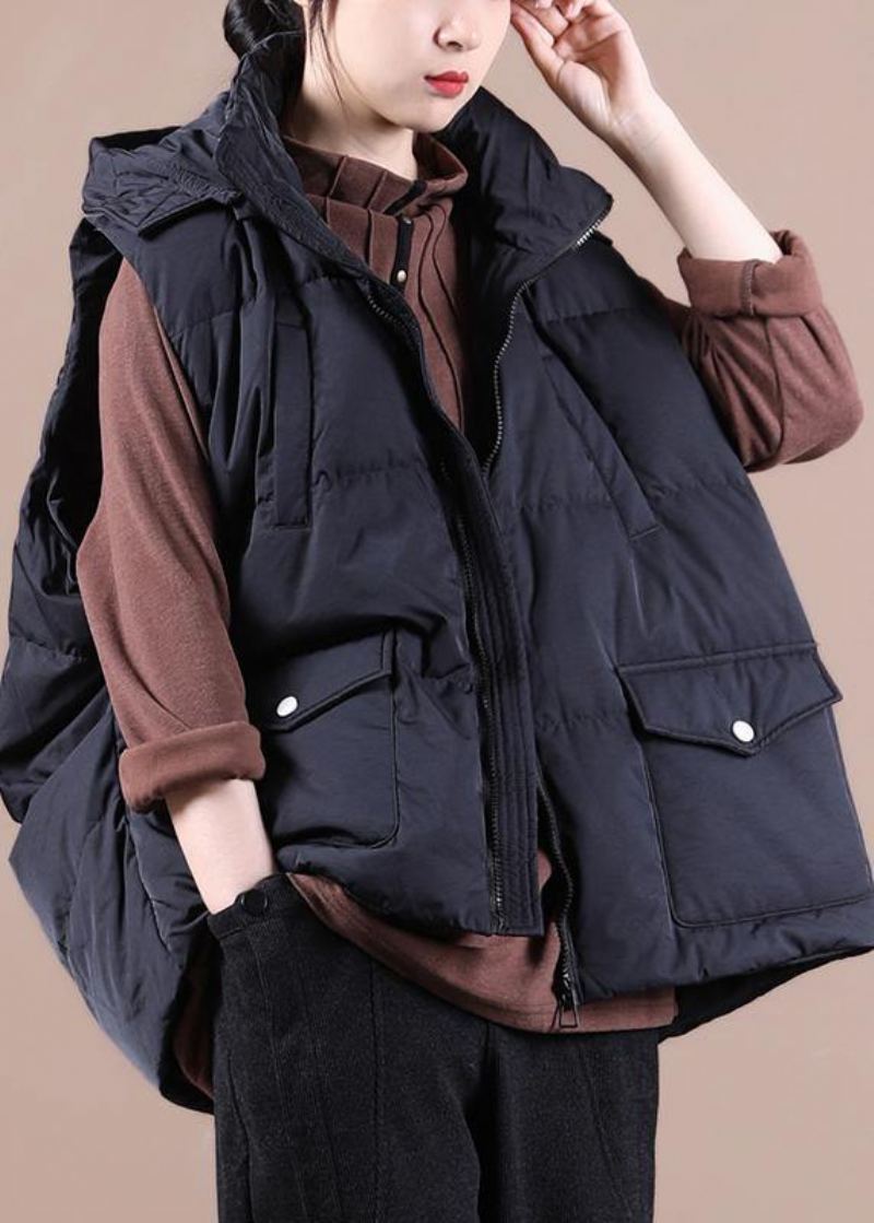 Doudoune Noire De Luxe Pour Femme Parka Surdimensionnée Col Montant Poches Gilet Décontracté - Noir