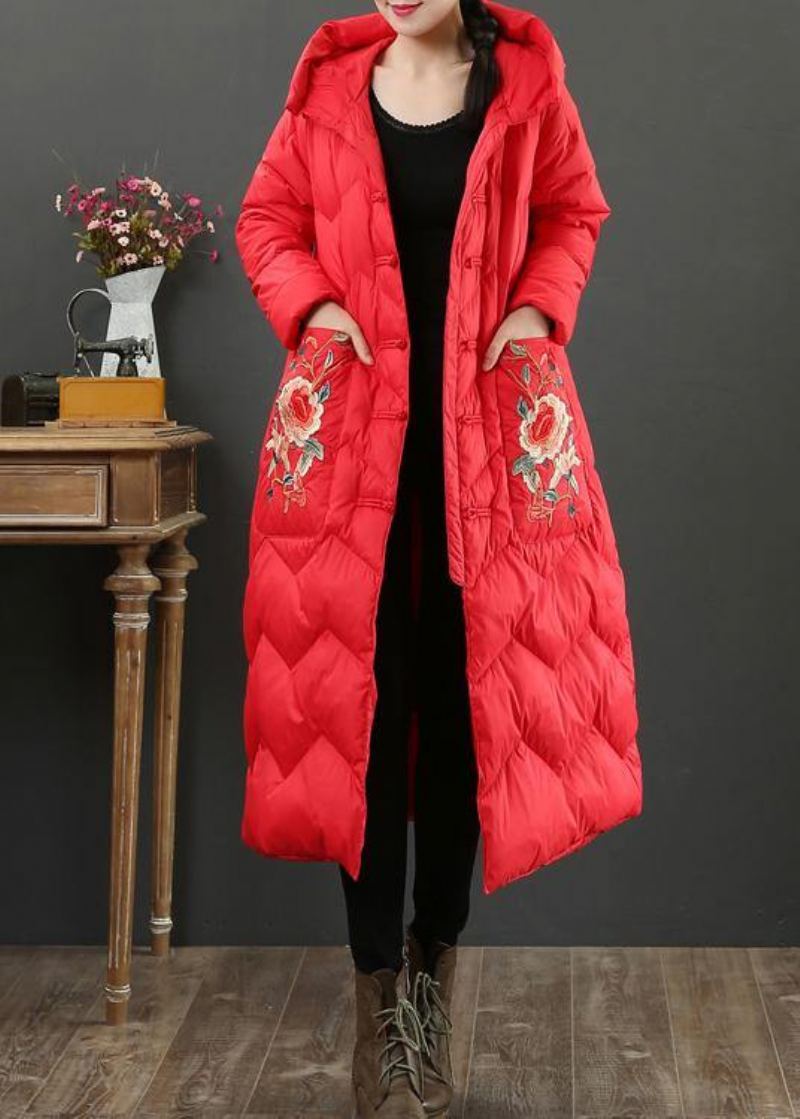 Doudoune Surdimensionnée De Luxe Manteau D'hiver Chaud À Capuche Avec Broderie Rouge