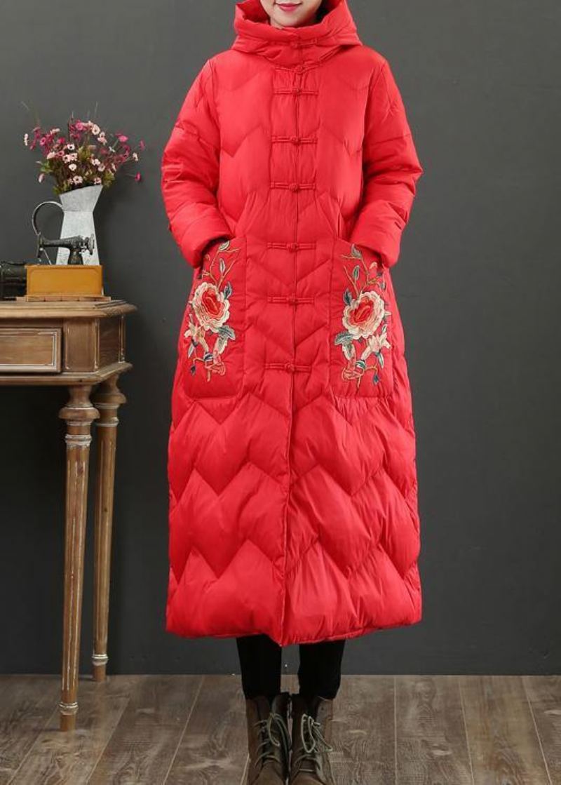 Doudoune Surdimensionnée De Luxe Manteau D'hiver Chaud À Capuche Avec Broderie Rouge - Rouge