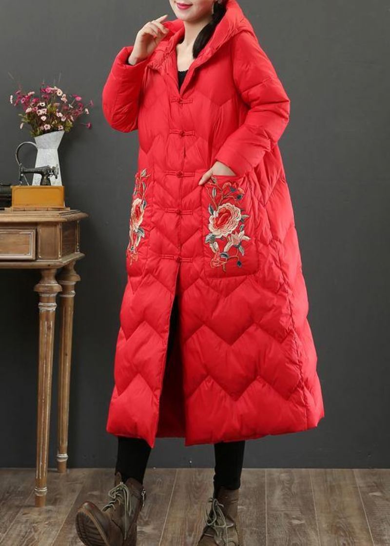 Doudoune Surdimensionnée De Luxe Manteau D'hiver Chaud À Capuche Avec Broderie Rouge - Rouge