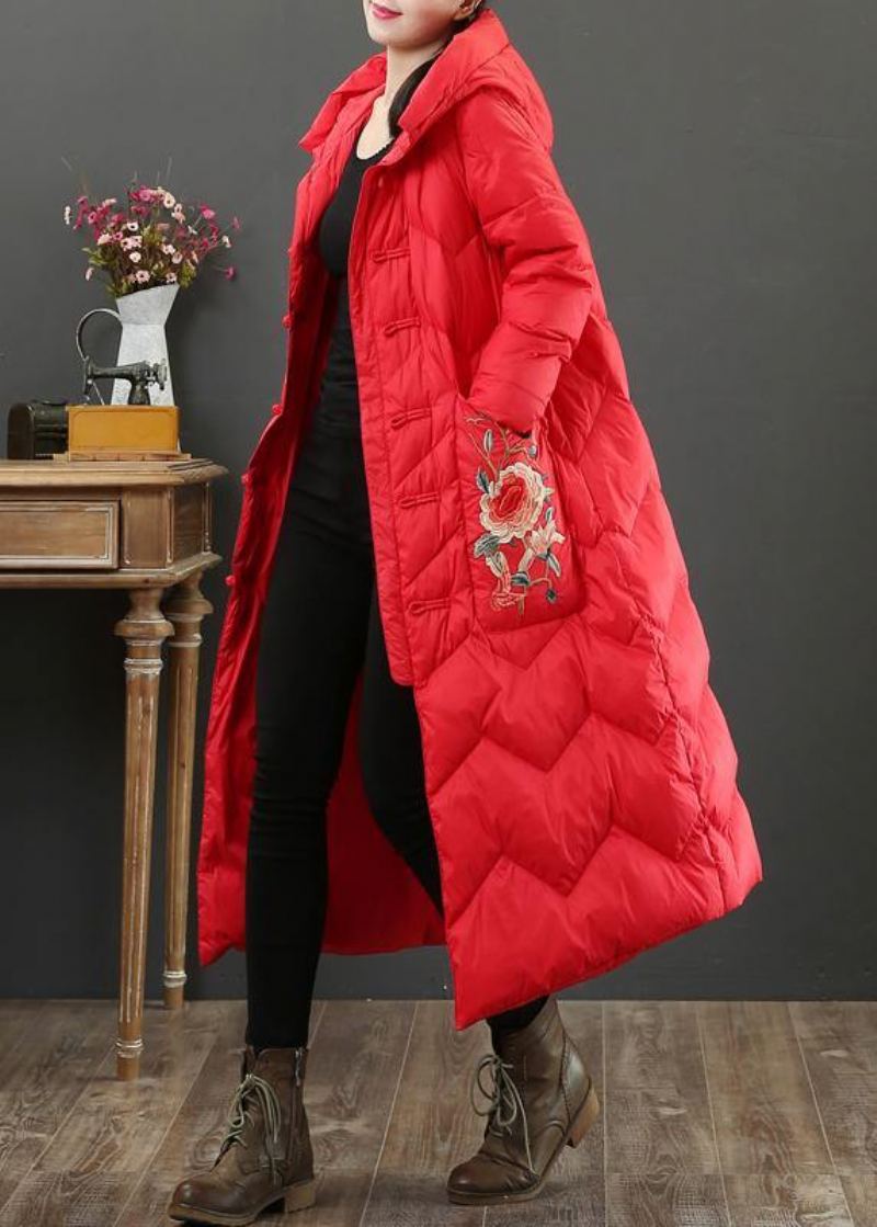 Doudoune Surdimensionnée De Luxe Manteau D'hiver Chaud À Capuche Avec Broderie Rouge - Rouge