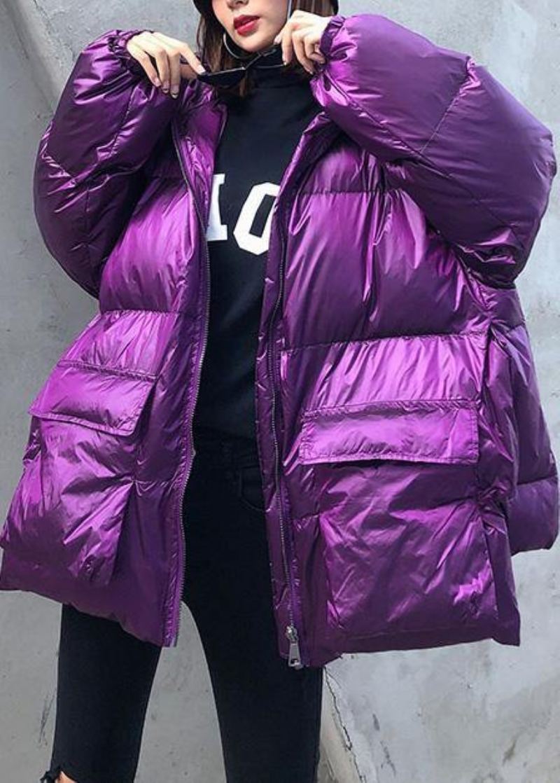 Doudoune Violette De Luxe Pour Femme Vêtements Grande Taille Veste D'hiver À Capuche Avec Fermeture Éclair Manteaux Élégants - Gris Argenté