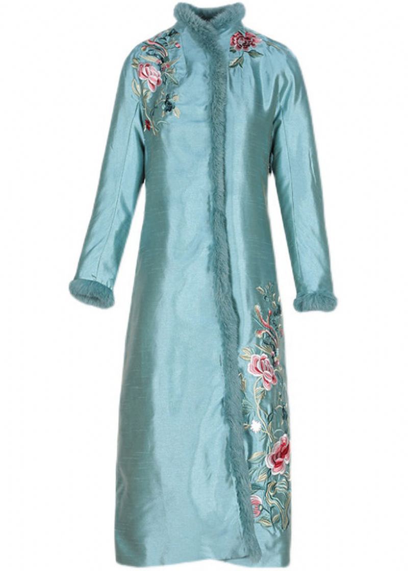 Élégant Col En Fausse Fourrure Abricot Brodé Floral Épais Satin Cheongsam Manches Longues - Abricot