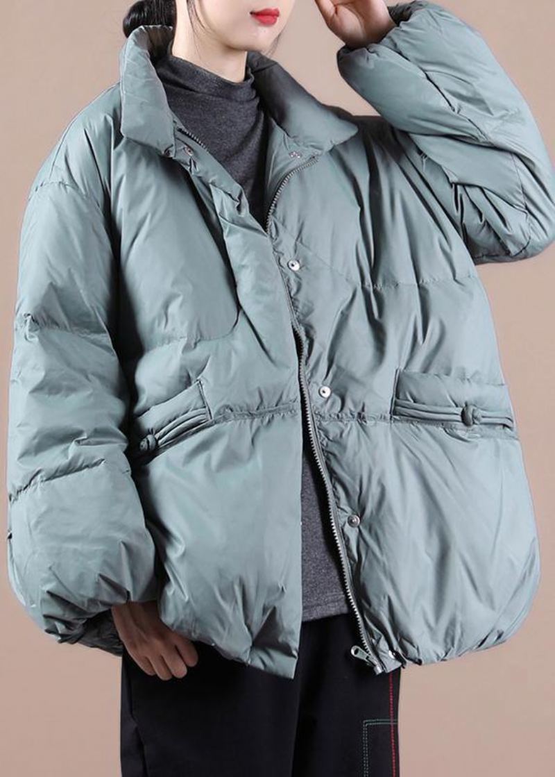 Élégant Grande Taille Vêtements D'hiver Gris Vert Col Montant Bouton Chinois Manteau Chaud