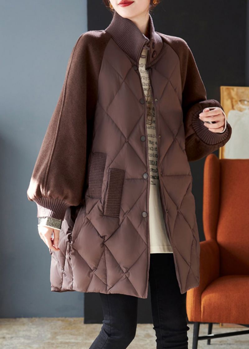 Élégant Marron Surdimensionné Patchwork Laine Fine Coton Rempli Vestes Hiver - Doudounes femmes