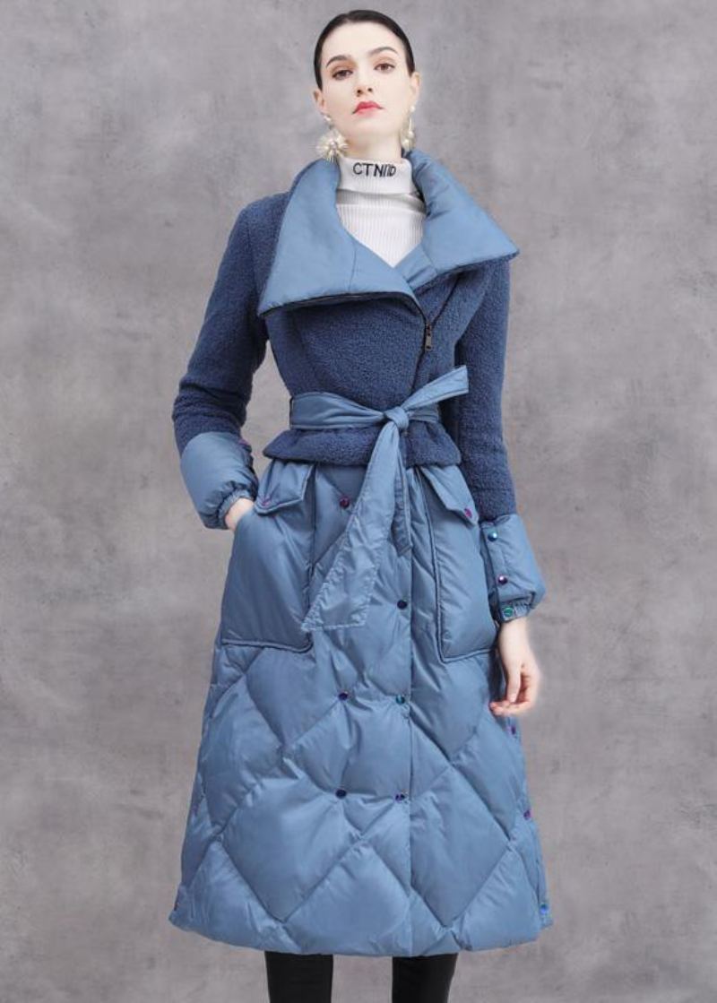 Élégant À La Mode Grande Taille Doudoune Patchwork Vêtements D'hiver Bleu Cravate Chaud Manteau