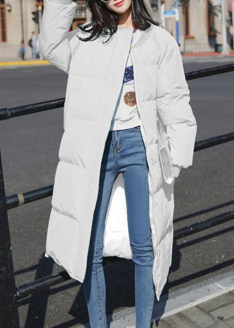 Élégant À La Mode Grande Taille Veste D'hiver Pardessus Blanc Col Rond Poches Vers Le Bas Manteau Hiver