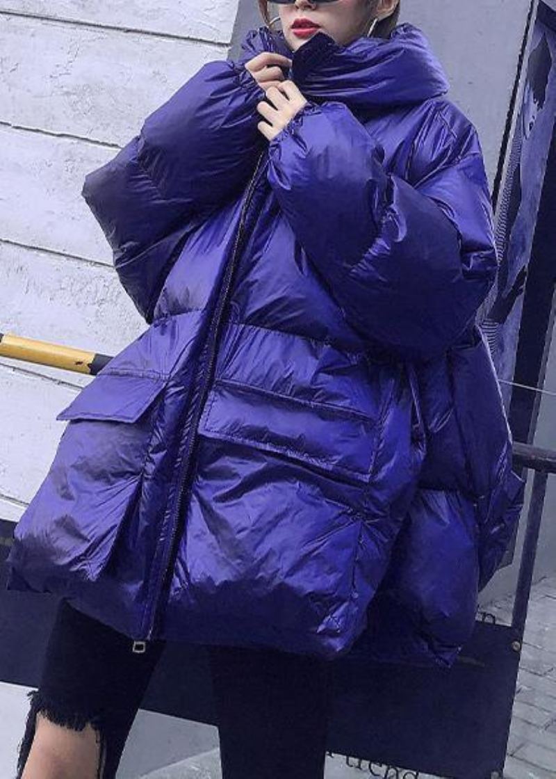 Élégant À La Mode Grande Taille Vestes Manteaux Bleu À Capuche Poches Femmes Parka