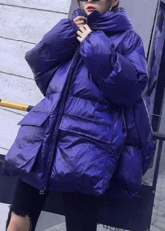 Élégant À La Mode Grande Taille Vestes Manteaux Bleu À Capuche Poches Femmes Parka