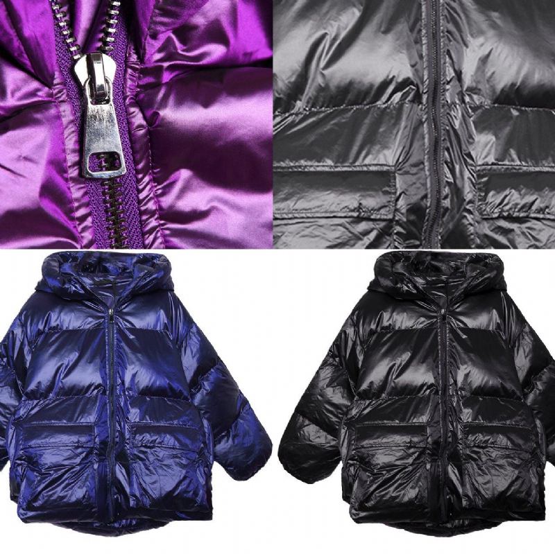 Élégant À La Mode Grande Taille Vestes Manteaux Bleu À Capuche Poches Femmes Parka - Violet