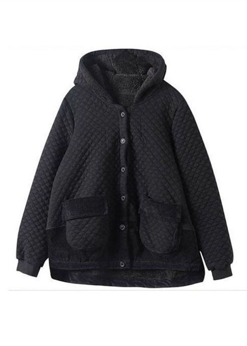 Élégant Noir Patchwork Poches Chaud Polaire Manteaux À Capuche Automne - Doudounes femmes