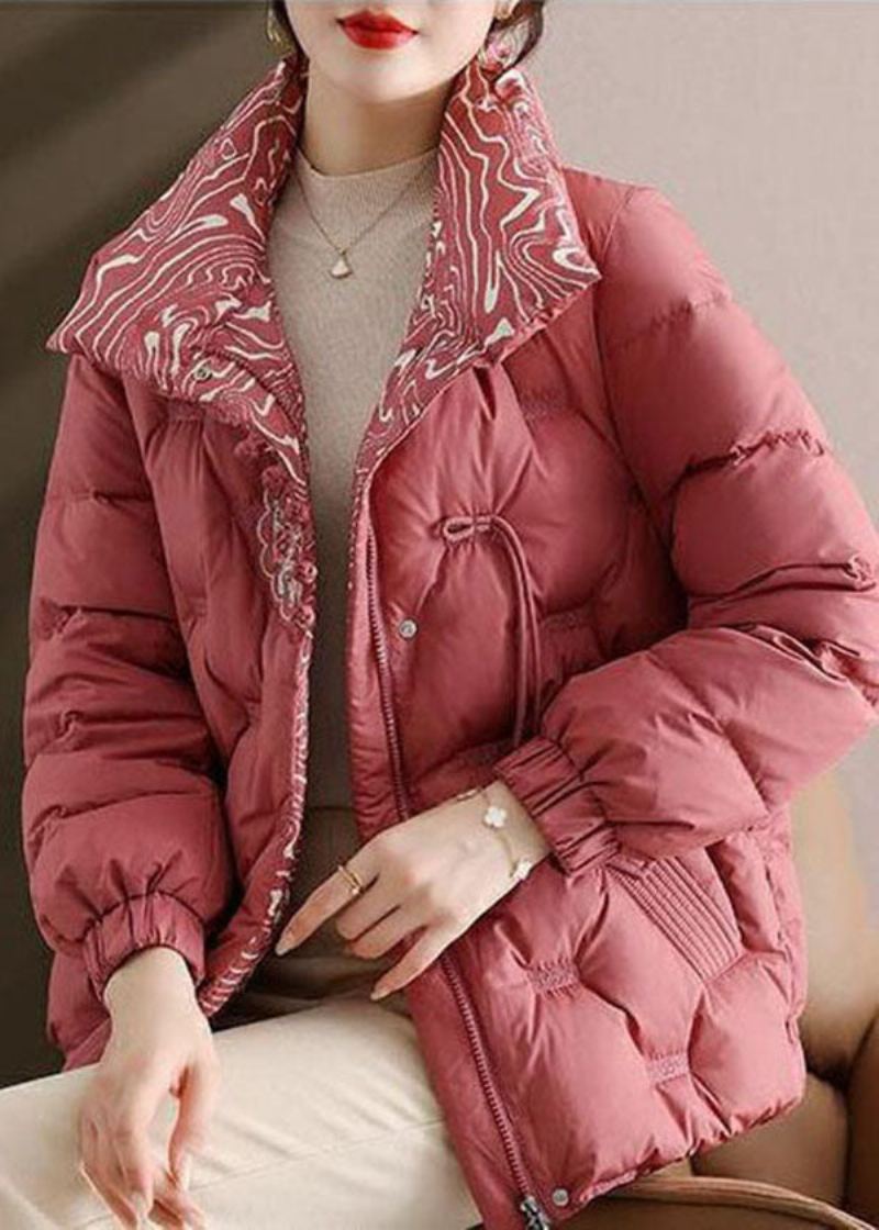 Élégant Rose Brodé Col Montant Duvet De Canard Vestes Hiver - Doudounes femmes