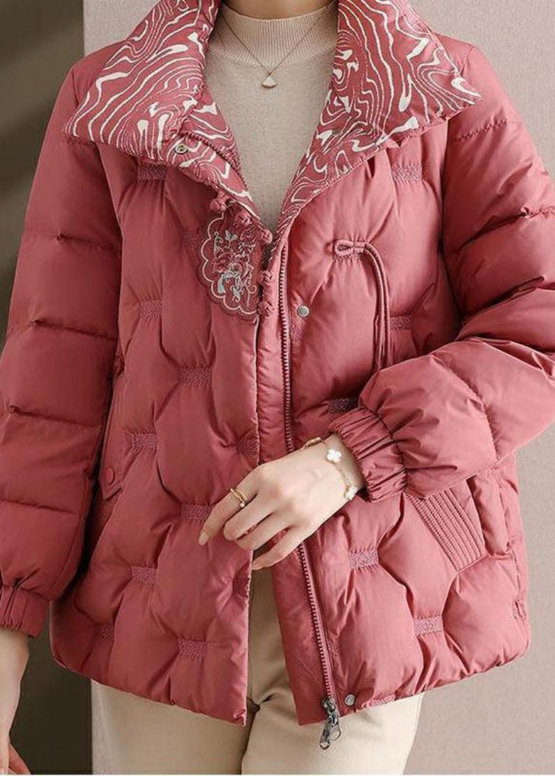 Élégant Rose Brodé Col Montant Duvet De Canard Vestes Hiver - Doudounes femmes