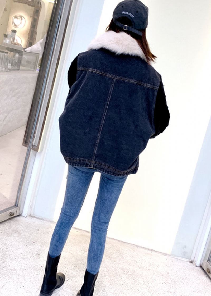 Élégant Tricoté Patchwork Chaud Polaire Denim Veste Hiver - Doudounes femmes