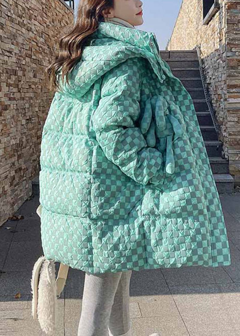 Élégant Vert Clair À Capuche Poches Plaid Fin Coton Rempli Manteau Hiver