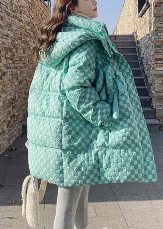 Élégant Vert Clair À Capuche Poches Plaid Fin Coton Rempli Manteau Hiver