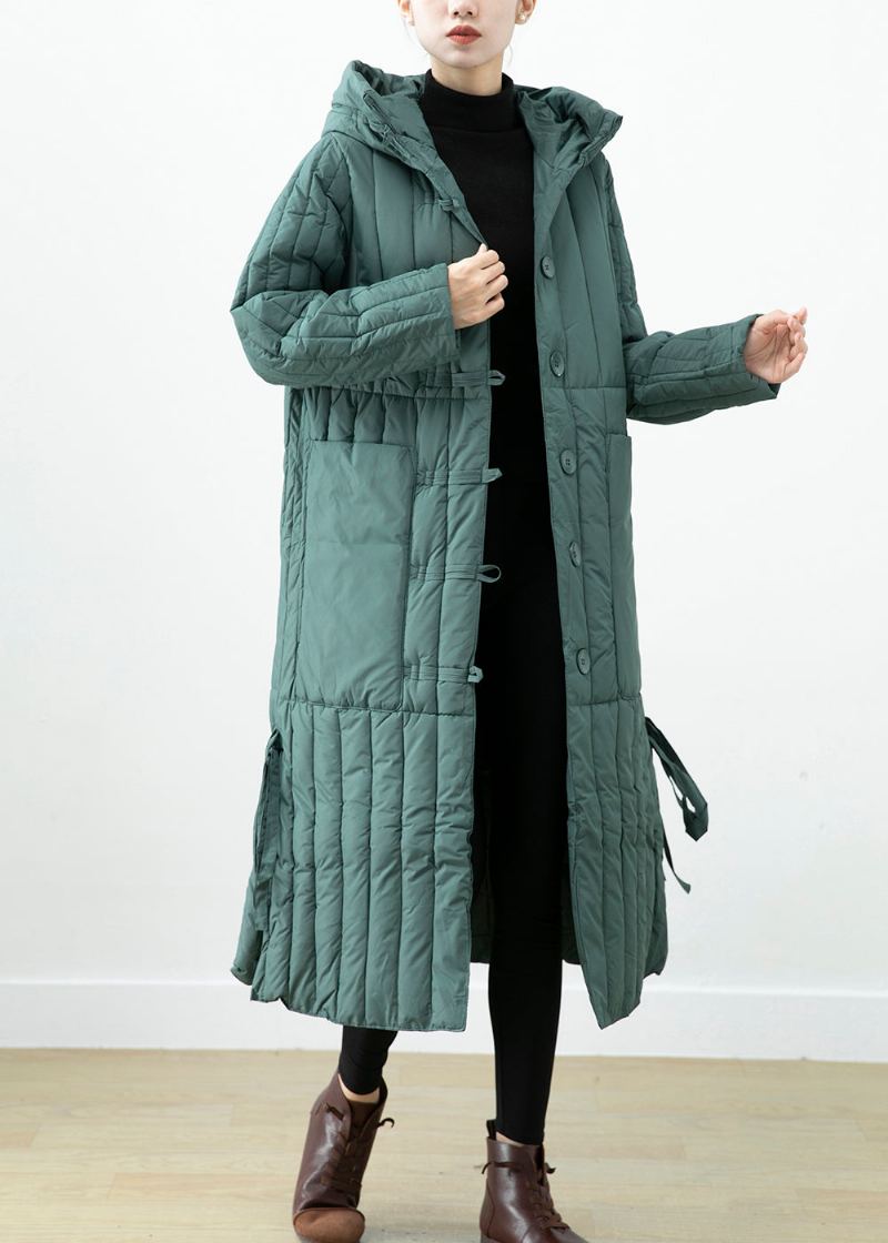 Élégant Vert Poches À Capuche Fin Coton Rempli Long Manteau Hiver