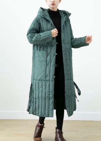 Élégant Vert Poches À Capuche Fin Coton Rempli Long Manteau Hiver