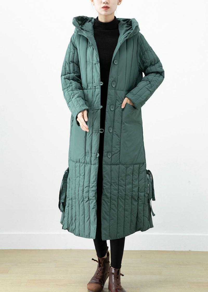 Élégant Vert Poches À Capuche Fin Coton Rempli Long Manteau Hiver - Doudounes femmes