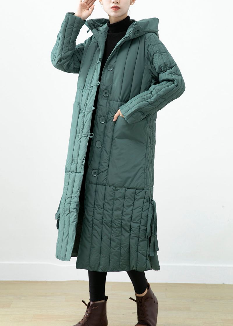 Élégant Vert Poches À Capuche Fin Coton Rempli Long Manteau Hiver - Doudounes femmes