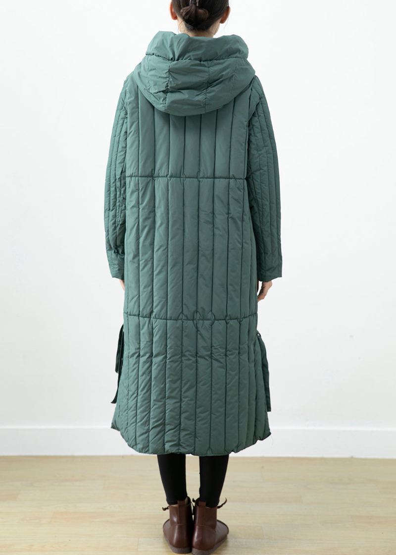 Élégant Vert Poches À Capuche Fin Coton Rempli Long Manteau Hiver - Doudounes femmes