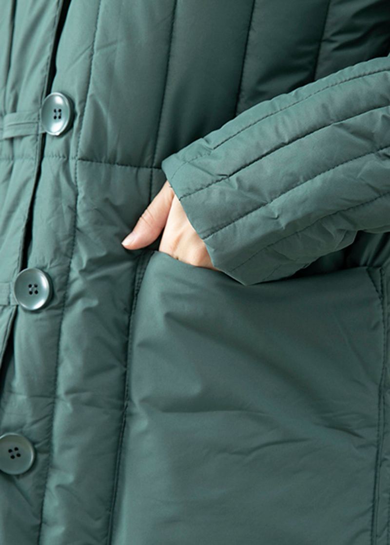 Élégant Vert Poches À Capuche Fin Coton Rempli Long Manteau Hiver - Doudounes femmes