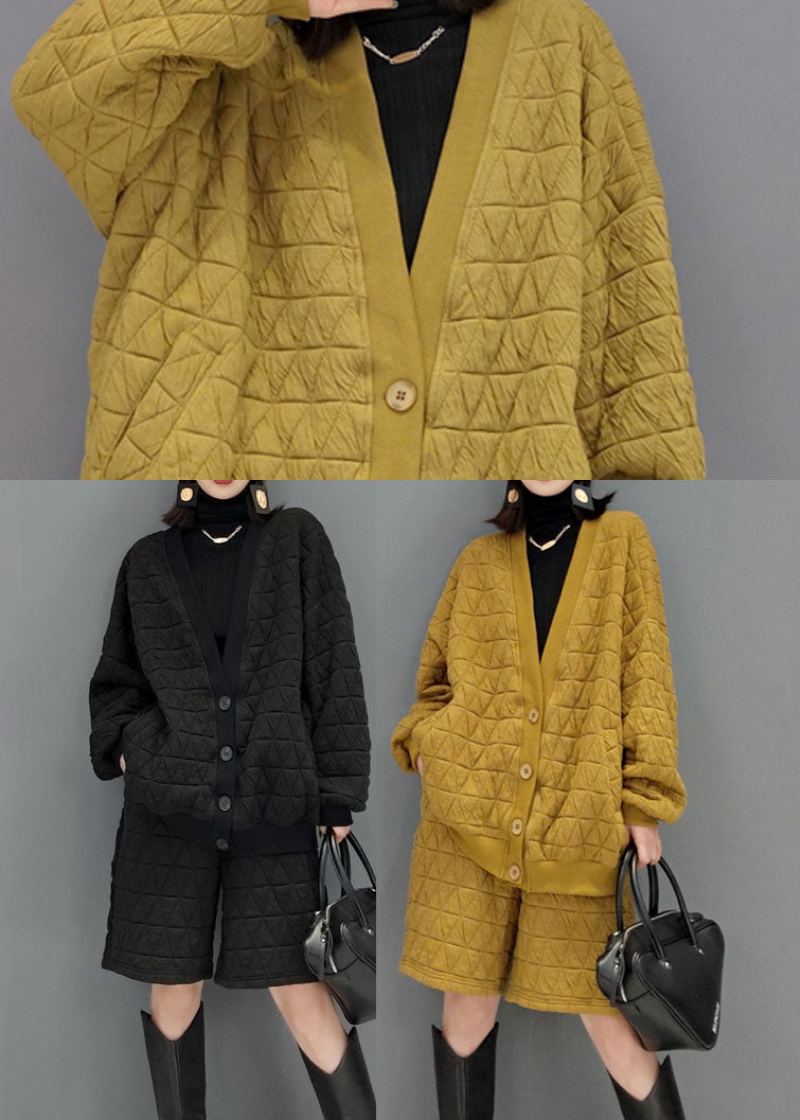 Ensemble Deux Pièces En Coton Fin Jaune Ample Boutonné Hiver - Noir