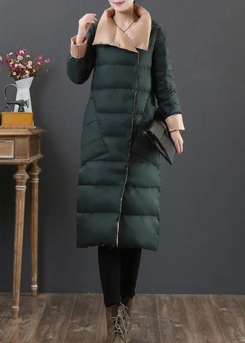 Femmes Grande Taille Parka Femme Pardessus Vert Noirâtre Col Montant Poches Manteau En Duvet De Canard