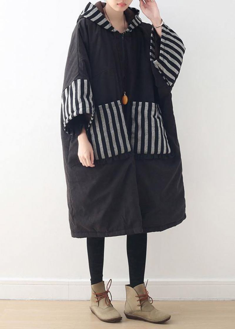 Femmes Grande Taille Vêtements Chaud Manteau D'hiver À Capuche Noir Patchwork Manteaux - Doudounes femmes