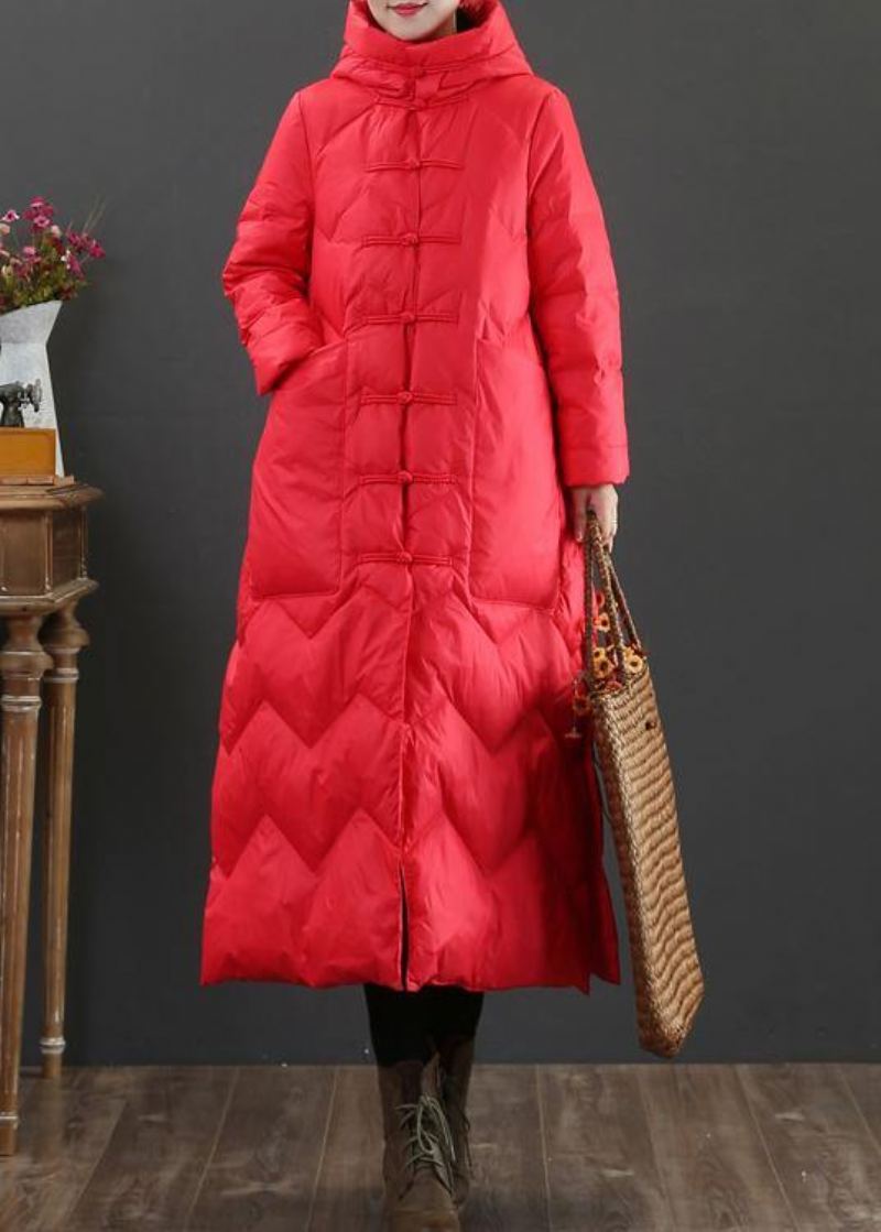 Femmes Grande Taille Vêtements D'hiver Rouge À Capuche Bouton Chinois Manteau En Duvet De Canard