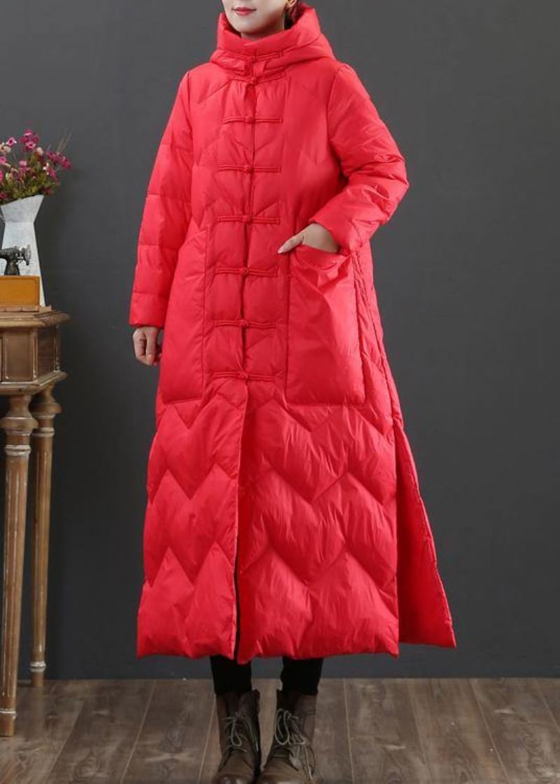 Femmes Grande Taille Vêtements D'hiver Rouge À Capuche Bouton Chinois Manteau En Duvet De Canard - Rose