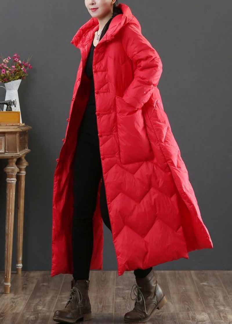 Femmes Grande Taille Vêtements D'hiver Rouge À Capuche Bouton Chinois Manteau En Duvet De Canard - Rose