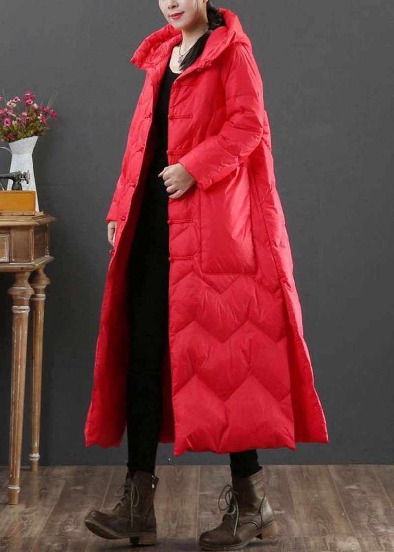 Femmes Grande Taille Vêtements D'hiver Rouge À Capuche Bouton Chinois Manteau En Duvet De Canard - Rose