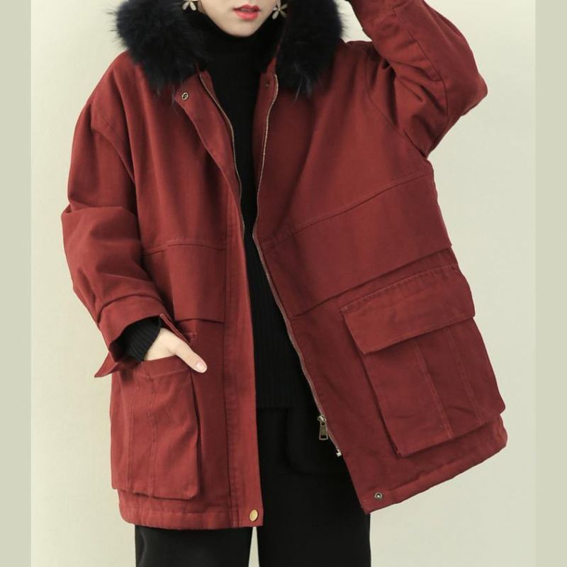 Femmes Grande Taille Vêtements Veste D'hiver Outwear Rouge À Capuche Col En Fausse Fourrure Pardessus